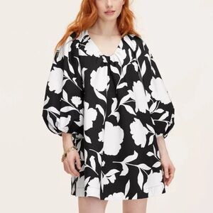 Kate Spade Monochrome Floral Puff Sleeve Mini Dress - Black & White